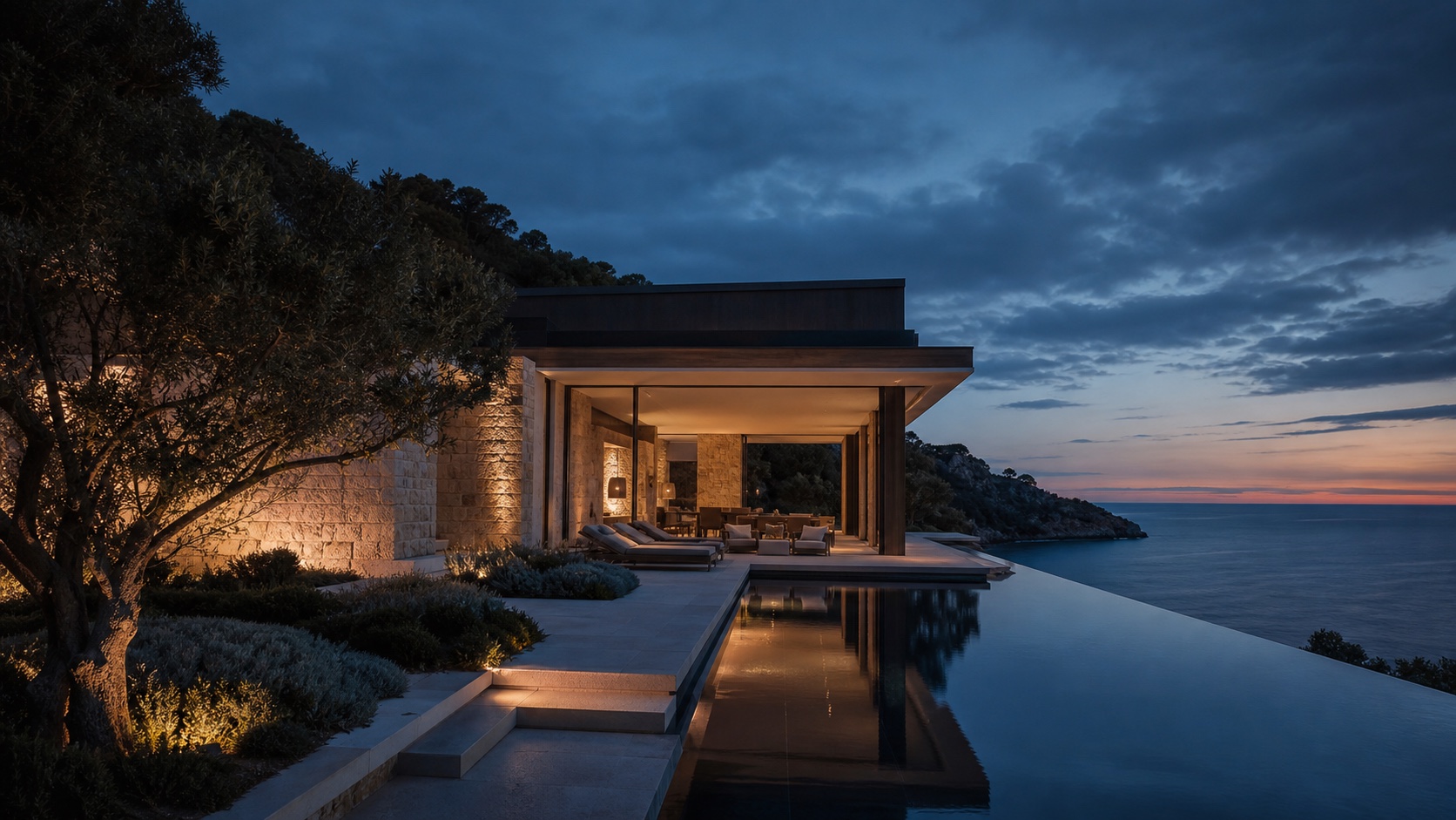 A contemporary coastal residence at blue hour