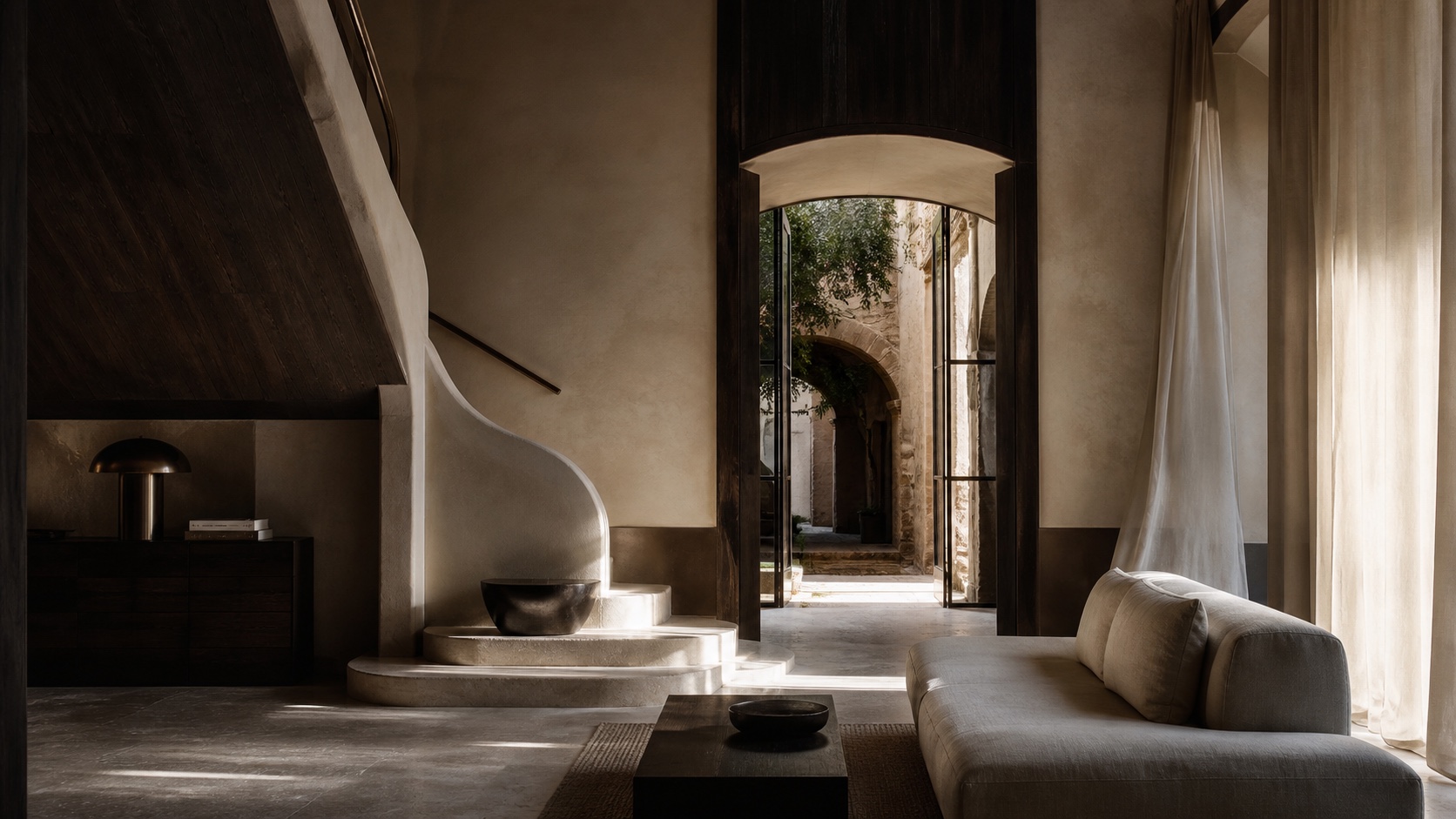 A warm, sculptural boutique hotel interior