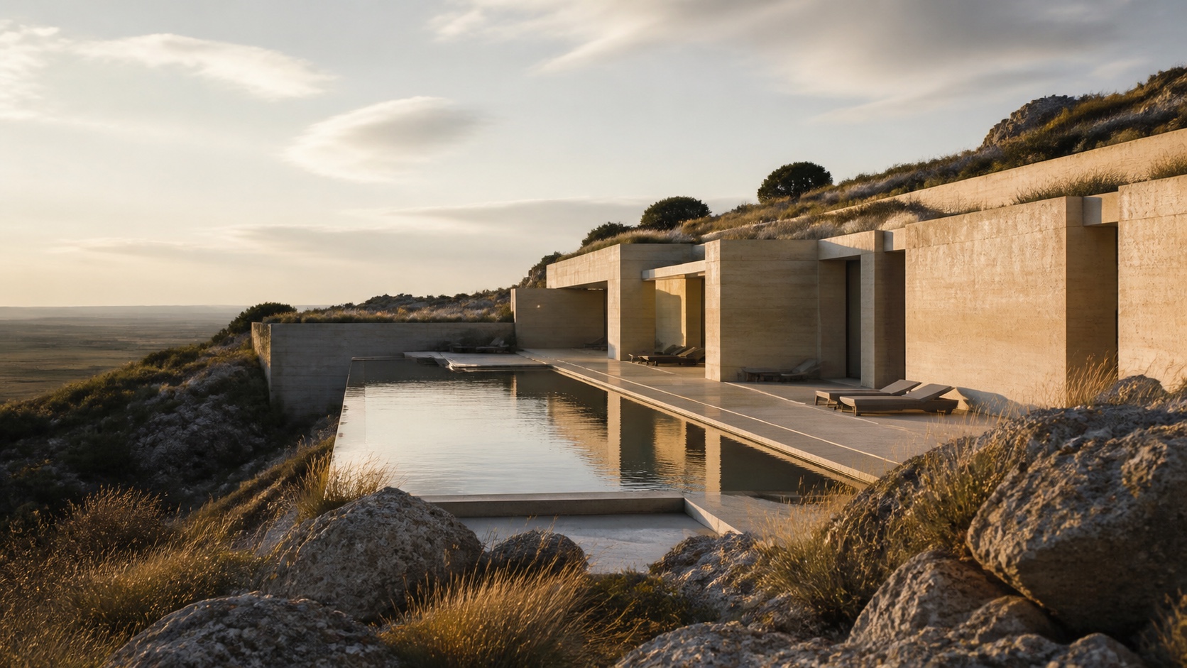 A restrained stone retreat embedded in a dry landscape